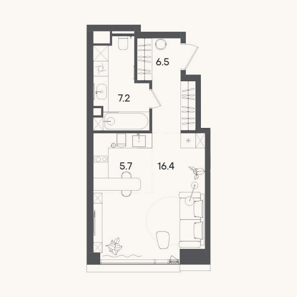 Планировка: Студия, 35,8 м²