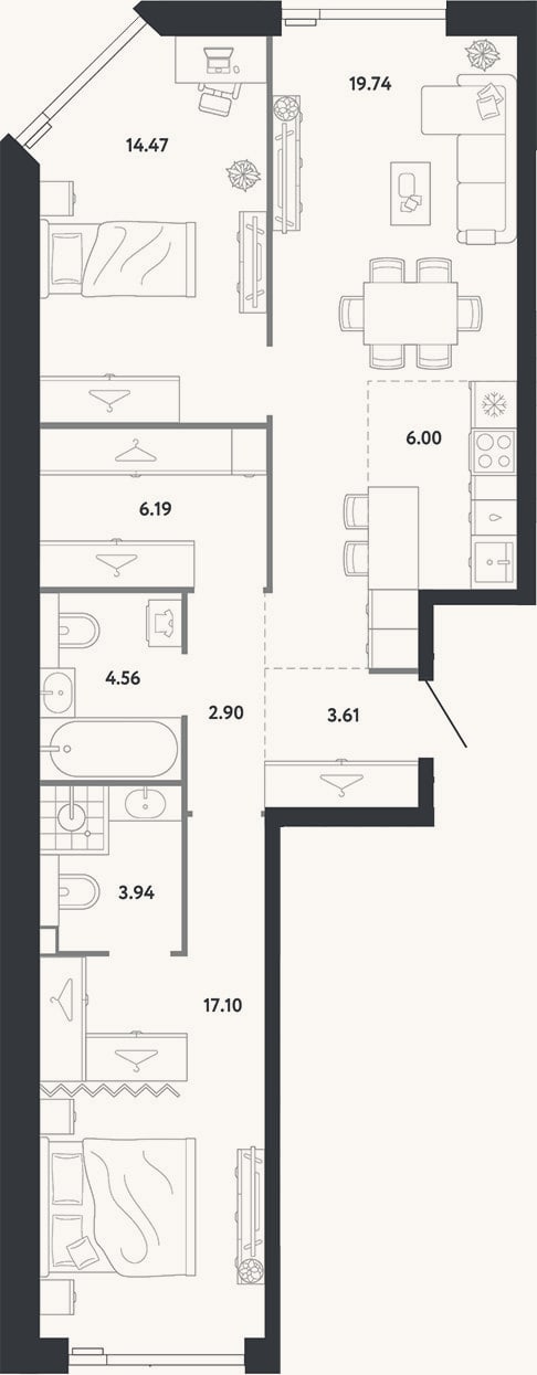 Планировка: 2-к, 78,5 м²