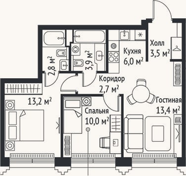 Планировка: 3-к, 55,5 м²
