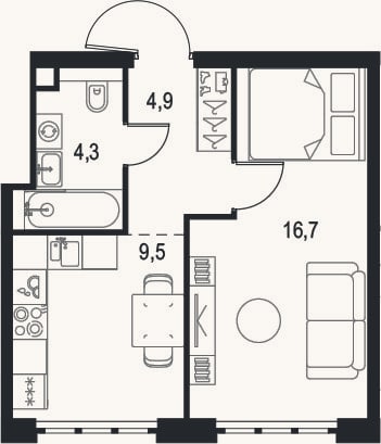 Планировка: 1-к, 35,4 м²