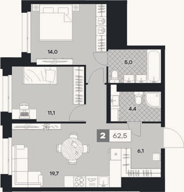 Планировка: 2-к, 62,5 м²