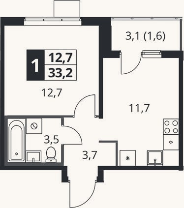 Планировка: 1-к, 31,6 м²