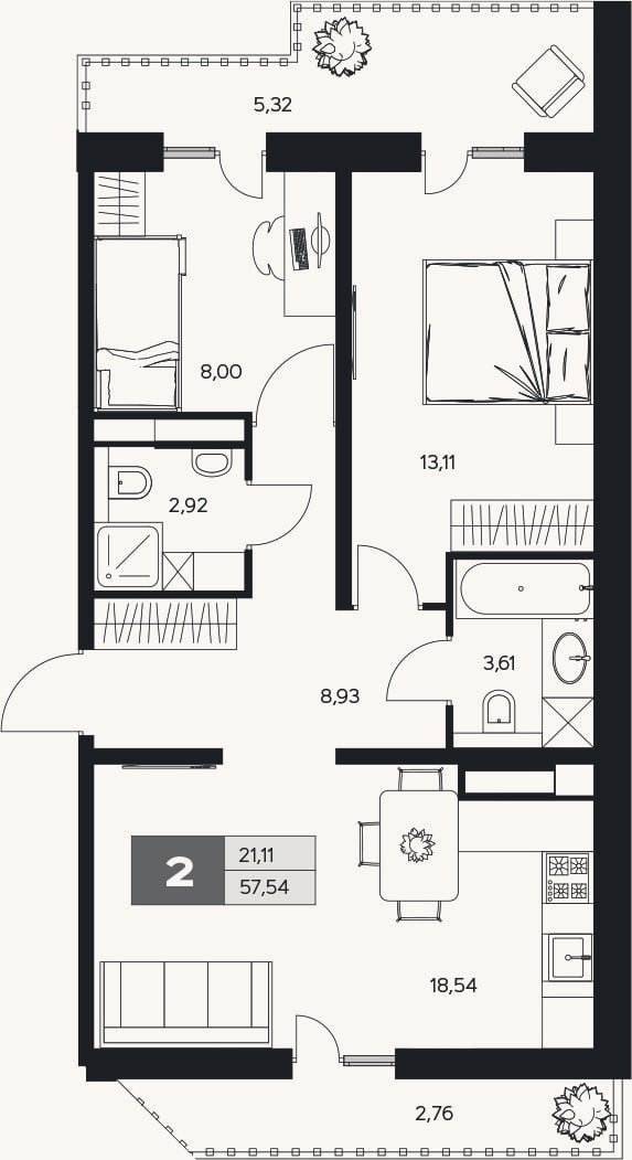 Планировка: 2-к, 55,1 м²