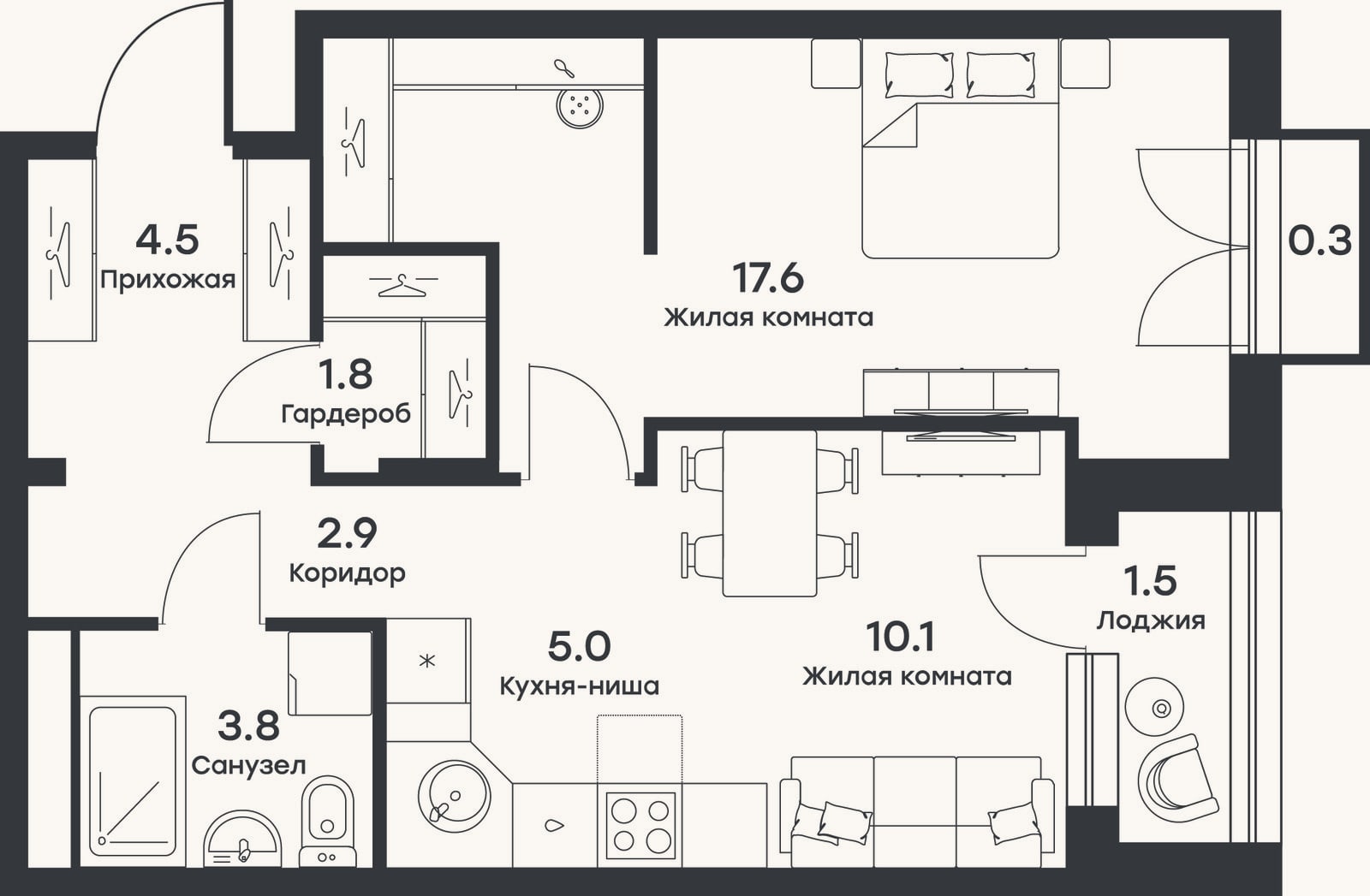 Планировка: 2-к, 44,1 м²