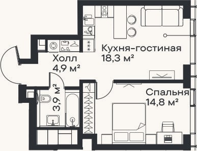 Планировка: 1-к, 41,9 м²