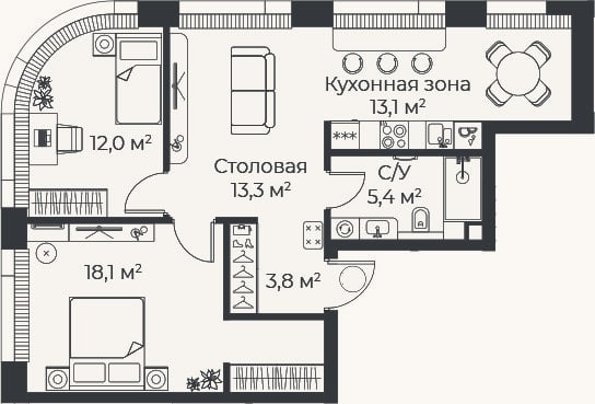 Планировка: 3-к, 65,6 м²