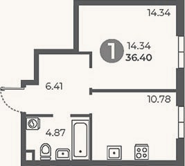 Планировка: 1-к, 36,4 м²