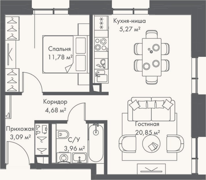 Планировка: 2-к, 49,6 м²