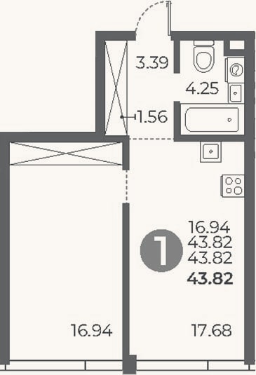 Планировка: 1-к, 43,8 м²