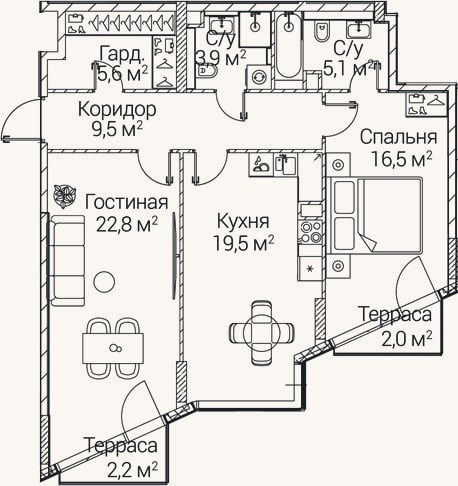 Планировка: 2-к, 80 м²