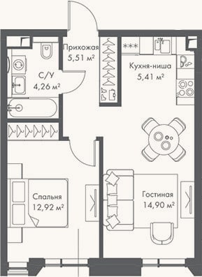 Планировка: 2-к, 43 м²