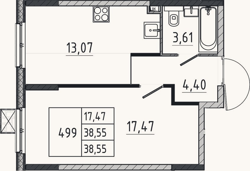 Планировка: 1-к, 38,6 м²