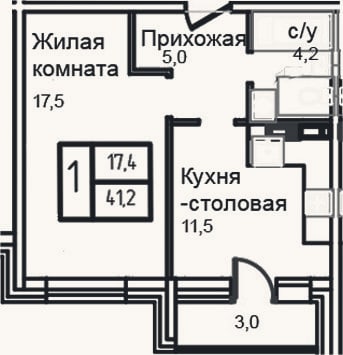 Планировка: 1-к, 38,2 м²