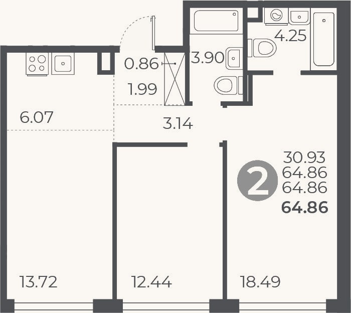 Планировка: 2-к, 64,9 м²