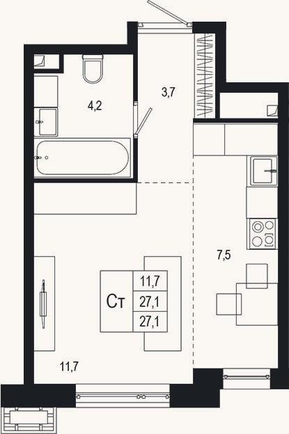 Планировка: Студия, 28,5 м²