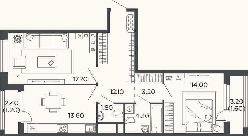 Планировка: 2-к, 66,7 м²