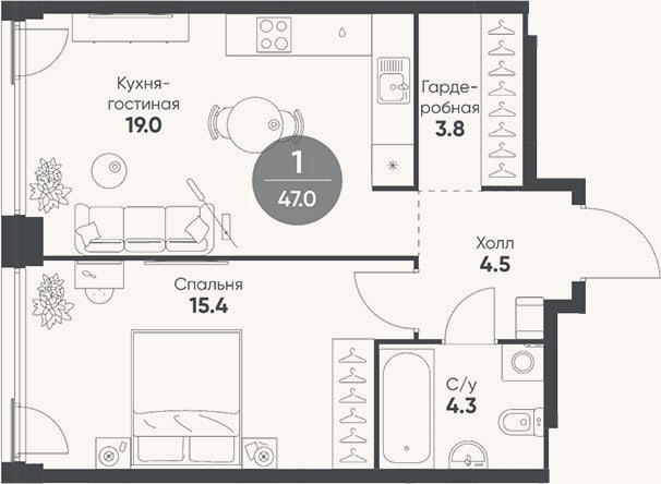 Планировка: 2-к, 47 м²