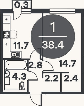 Планировка: 1-к, 38,1 м²