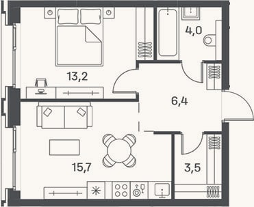 Планировка: 2-к, 42,8 м²