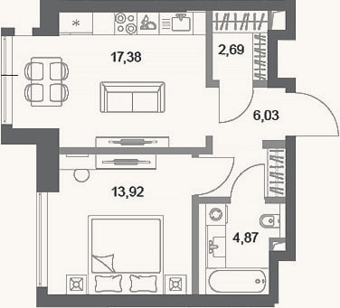 Планировка: 1-к, 44,9 м²