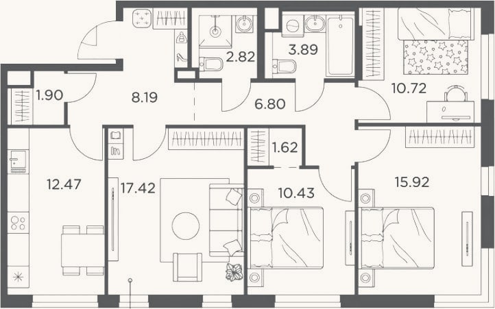 Планировка: 4+ к, 92,2 м²