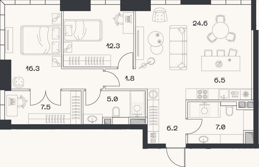 Планировка: 3-к, 87,5 м²