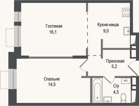 Планировка: 2-к, 49,3 м²