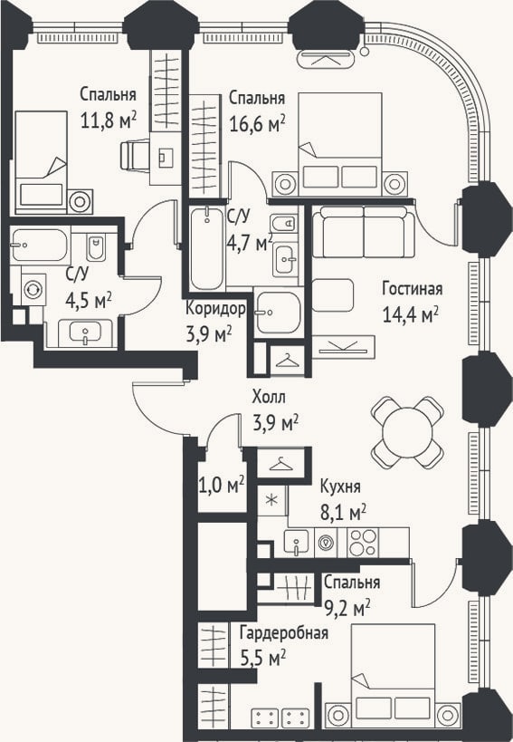 Планировка: 4+ к, 83,6 м²