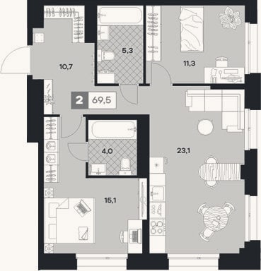 Планировка: 2-к, 69,5 м²