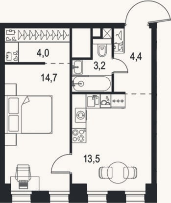 Планировка: 1-к, 39,8 м²