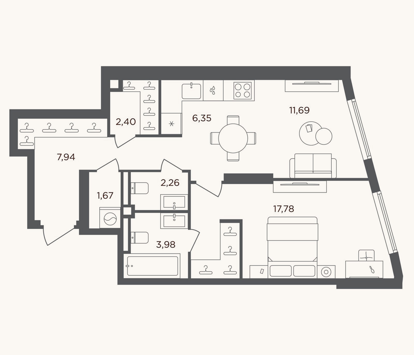 Планировка: 2-к, 54,1 м²