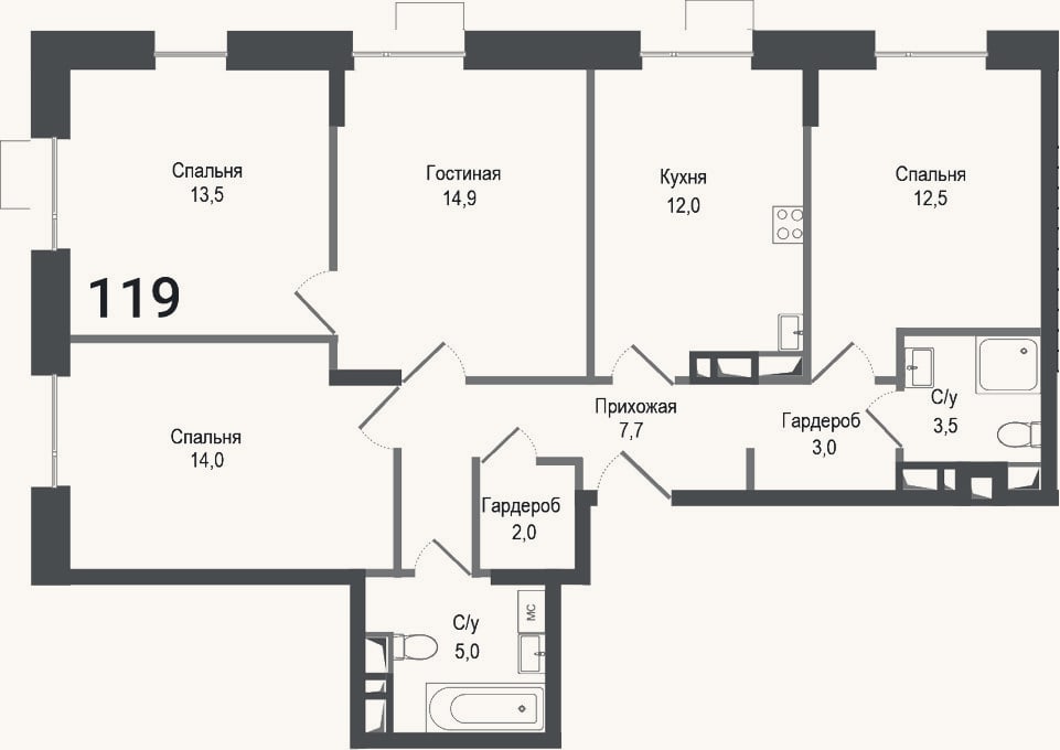 Планировка: 4+ к, 88,1 м²