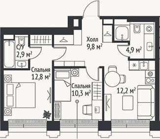 Планировка: 3-к, 52,9 м²