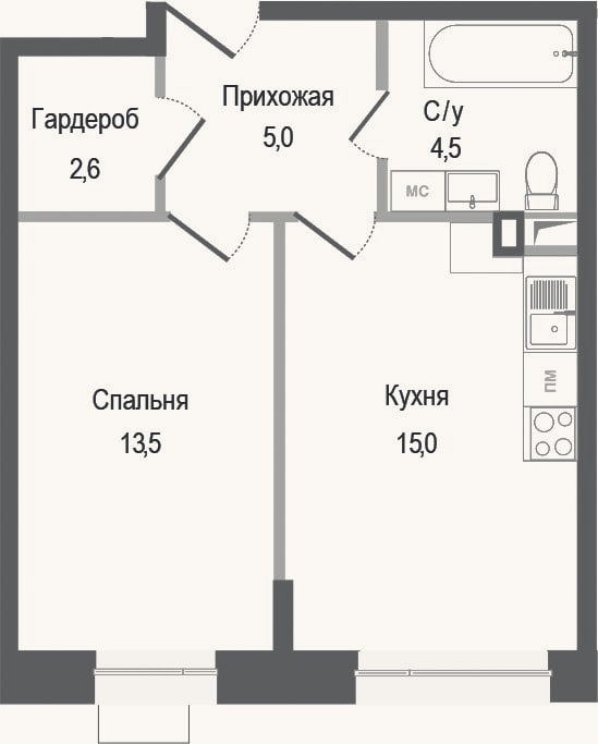 Планировка: 1-к, 40,6 м²