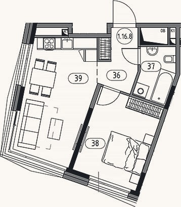 Планировка: 2-к, 45,5 м²