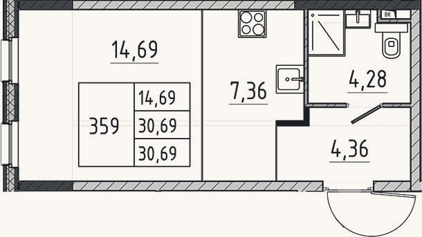 Планировка: Студия, 30,7 м²