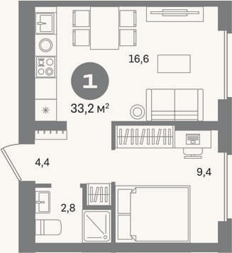 Планировка: 1-к, 33,2 м²