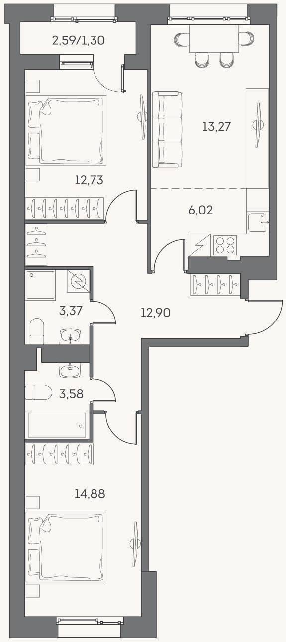 Планировка: 3-к, 66,8 м²