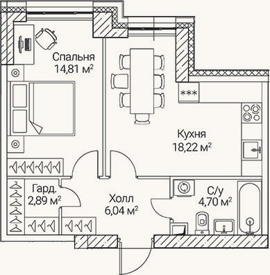 Планировка: 2-к, 46,7 м²