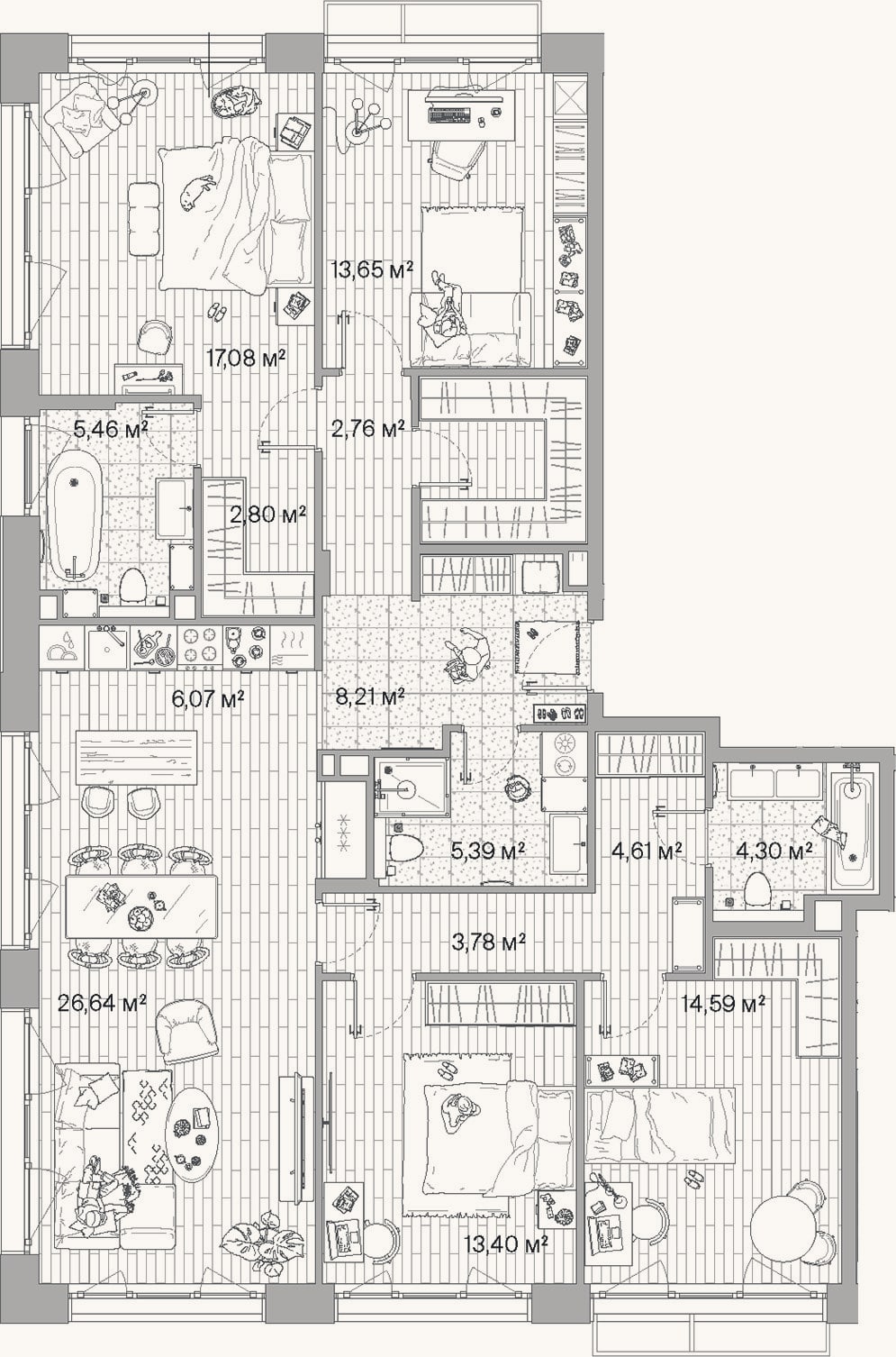 Планировка: 4+ к, 133,7 м²