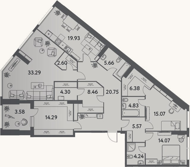 Планировка: 3-к, 156,9 м²
