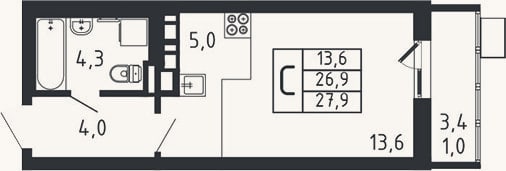Планировка: Студия, 26,9 м²