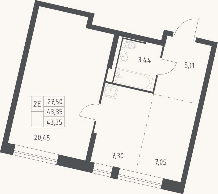 Планировка: 2-к, 43,4 м²