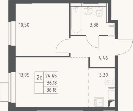 Планировка: 2-к, 36,2 м²