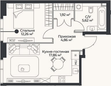 Планировка: 2-к, 42,5 м²
