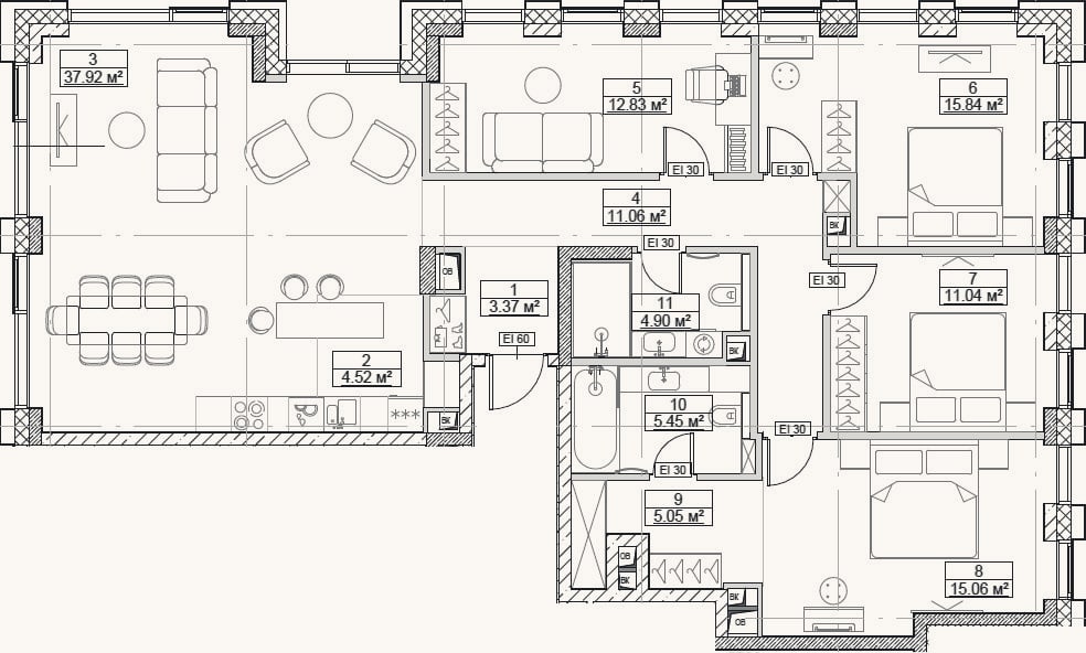 Планировка: 4+ к, 127 м²