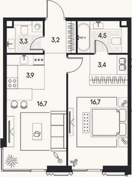 Планировка: 2-к, 51,7 м²