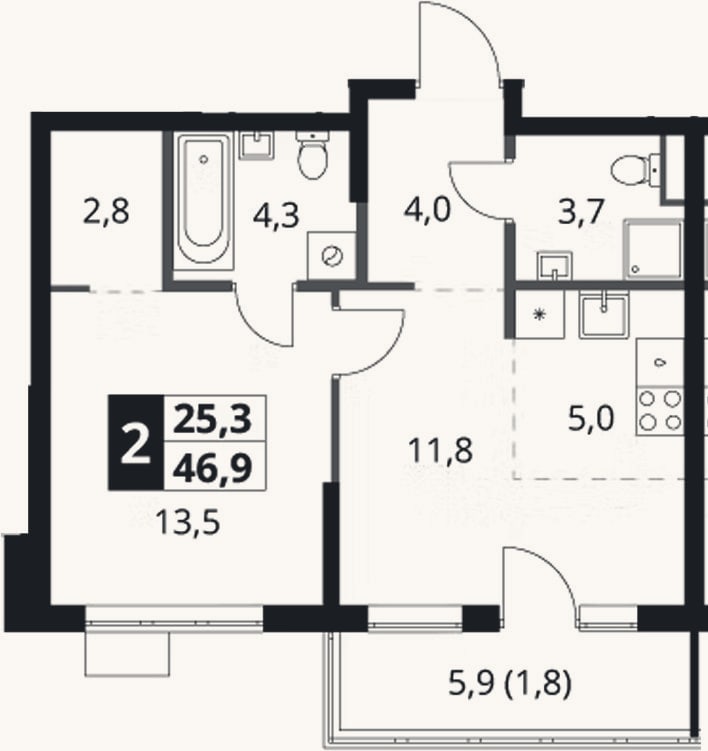 Планировка: 2-к, 45,1 м²