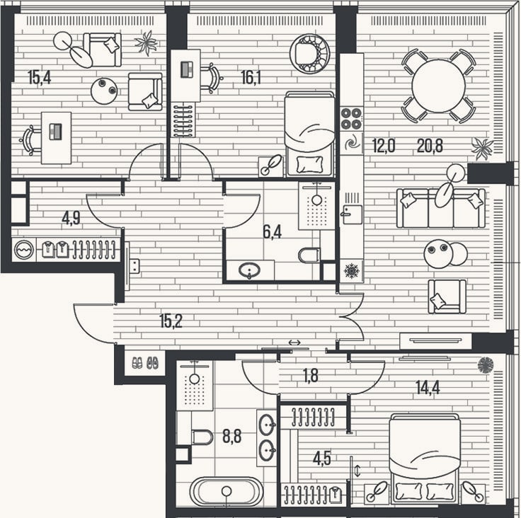 Планировка: 4+ к, 120,3 м²