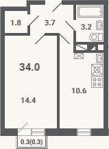 Планировка: 1-к, 33,7 м²